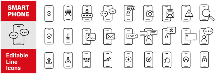 スマホ.スマートフォンとアプリの編集可能な線画イメージイラストアイコン3