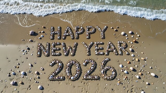 Happy new year 2026 message written in sand on a beach with waves - Powered by Adobe