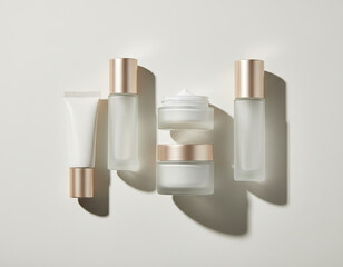 Minimal cosmetic bottles and jars arranged on a light background with soft shadows. Clean skincare packaging mockup for beauty, wellness and cosmetic branding concepts.
