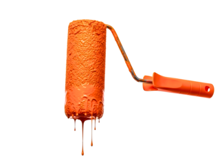Paint roller with orange paint dripping isolated on transparent background