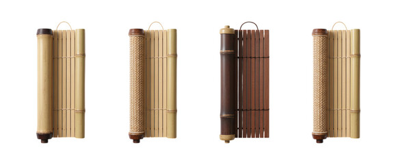 Set of bamboo roll screens in different colors, isolated on white background. Natural decorative bamboo blinds for interior design, home decor, spa, zen and eco style concepts