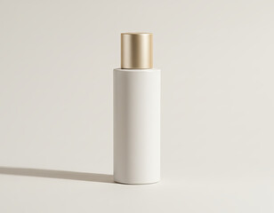 Minimal cosmetic bottle mockup with gold cap on neutral background. Elegant cosmetic bottle for branding, packaging design, skincare, beauty products, luxury cosmetics and modern product presentation.