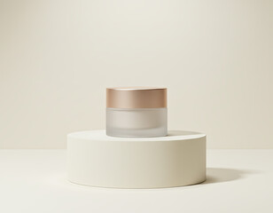 Minimal cosmetic jar mockup on pedestal with neutral background. Cosmetic jar mockup for branding, skincare packaging, beauty product presentation and modern advertising layouts.