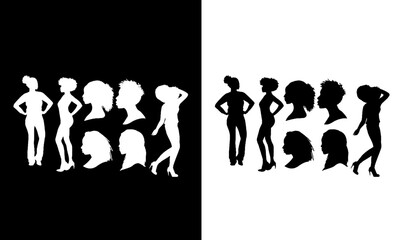 Obraz premium African women black silhouette, black women silhouettes set, women silhouette, black, women, design, art, symbol, illustration, vector, flat design of black women, group, silhouette, woman, 