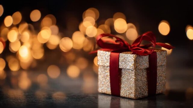 A beautifully wrapped gift box with a red ribbon sits elegantly on a dark surface, surrounded by a soft bokeh of warm golden lights, creating a festive atmosphere perfect for celebrations