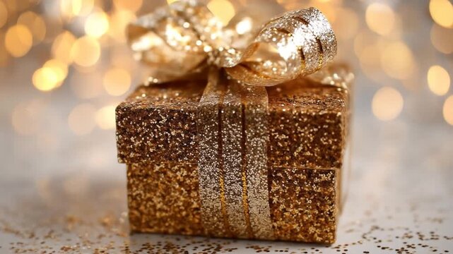 A beautifully wrapped golden gift box adorned with glitter and a shiny bow, set against a blurred background of soft, sparkling lights, perfect for celebrations and festive occasions