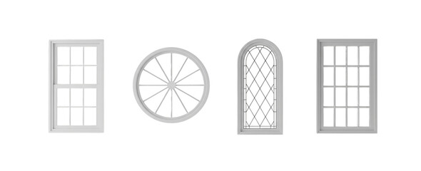 Minimal window frames set in white isolated style. Window frames set for architecture mockups, interior design, facade concepts, window frames for modern layouts and clean design projects.