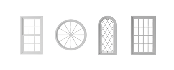 Minimal window frames set in white isolated style. Window frames set for architecture mockups, interior design, facade concepts, window frames for modern layouts and clean design projects.