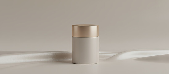 Minimal cosmetic jar mockup on pedestal with soft shadows. Cosmetic jar mockup for skincare, beauty branding, packaging design, cosmetic presentation and modern product display.