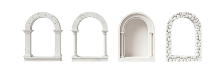 Obraz premium Collection of ancient architectural arches in white stone and marble isolated on a black background. 3D render.