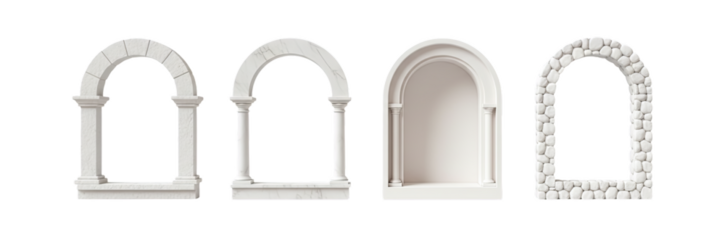 Collection of ancient architectural arches in white stone and marble isolated on a black background. 3D render.