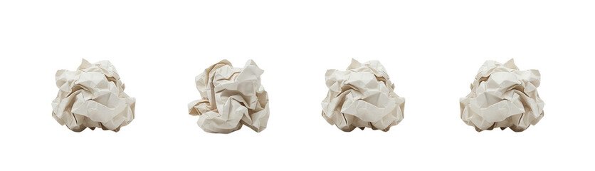 Crumpled paper balls isolated on white background. Wrinkled paper texture set for recycling concepts, mistakes, brainstorming ideas, waste, creative process, design mockups and minimal compositions.