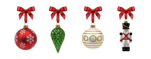 Christmas ornaments set isolated on white background. Festive holiday decorations with red ribbon including bauble, nutcracker and hanging ornaments for Christmas design, cards, banners and winter the