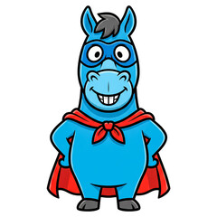 Fototapeta premium Cartoon Donkey Superhero Mascot Blue Animal Character With Red Cape And Mask Standing Confidently