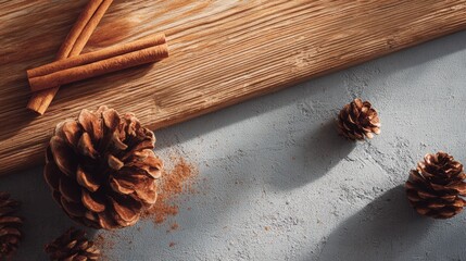 Cedar wood surface with scattered cinnamon sticks and pine cones, warm lighting, textured details