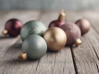 Christmas ornaments on a matte wooden surface, gentle falloff lighting, macro realism, subdued color palette