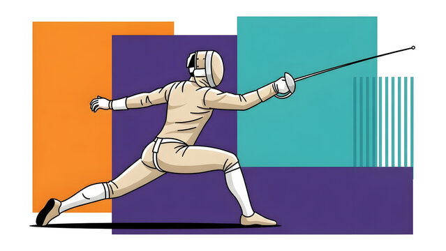 a fencer in beige uniform lunging forward with a sword, capturing motion, precision, agility, and the intensity of competitive fencing in a clean sports graphic