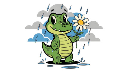 Adorable cartoon alligator character holding a daisy while standing in gentle rain, sweet whimsical animal scene with soft mood, child friendly fantasy artwork expressing kindness and joy