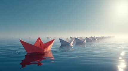 A distinct, red paper boat leads a fleet of white boats on a tranquil lake.