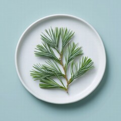 Frosted pine needles arranged in a geometric pattern on white ceramic plate
