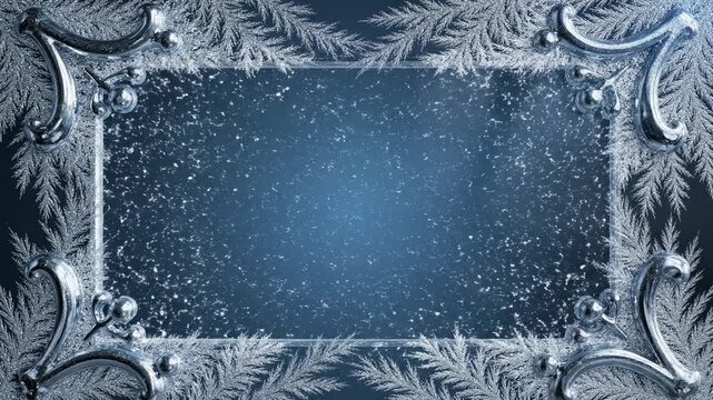 Black and white winter frame background with frozen snowflakes and fir tree branches for a festive Christmas holiday celebration card design