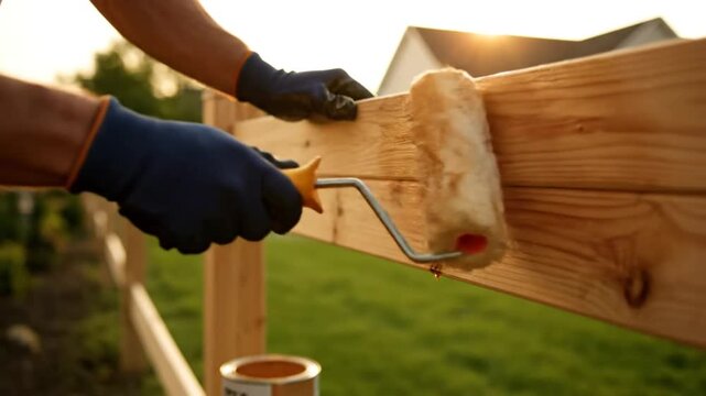Person applying wood stain to a wooden fence using a roller tool during sunset in a backyard