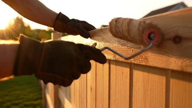 Applying a protective coat to a wooden fence using a roller during the golden hour sunset
