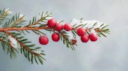 Snow-covered evergreen branch with berries on a plain gray backdrop, crisp textures, high dynamic range