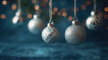 Silver Christmas tree ornaments hanging against a velvet backdrop, bokeh foreground, high-resolution still life
