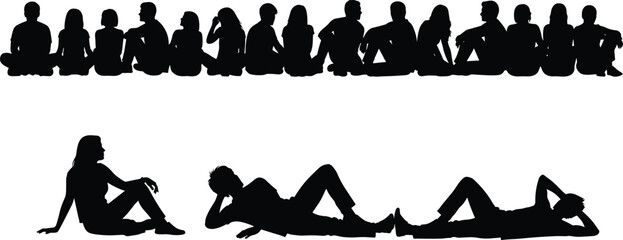 Diverse group people silhouettes sitting lying relaxing casual poses representing leisure freedom comfort togetherness community friends anonymous vector isolated white background. © Arman Creatives