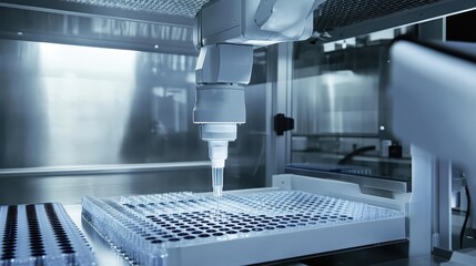 Automated laboratory robotic arm precisely handling liquid samples