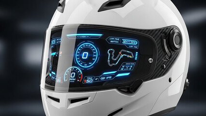 White racing helmet with futuristic heads up display showing track map image