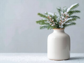 White ceramic vase with evergreen sprigs, snowy accents, clean studio backdrop, ultra-realistic