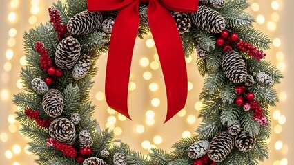 A festive christmas wreath made of frosted green pine branches adorned with snow-dusted pinecones, red berries, and a prominent red bow, set against a blurred background of warm string lights