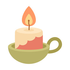 burning candle with in candlestick, bright yellow flame, item for divination, holiday poster,  flat vector icon