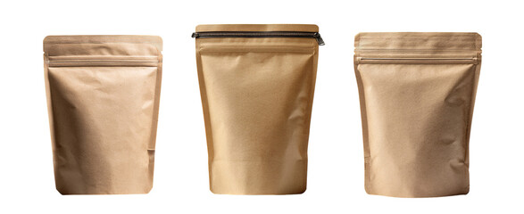 Blank kraft stand up pouch packaging set on white background. Kraft pouch packaging for food, coffee or tea branding. Empty kraft package mockup for eco packaging design and product presentation