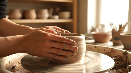 Artisan hands shaping a clay pot on a pottery wheel in a bright studio, creating handmade craft