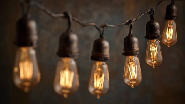 Vintage string lights with warm glowing bulbs hanging against a textured background, creating a cozy atmosphere perfect for indoor decor or outdoor gatherings