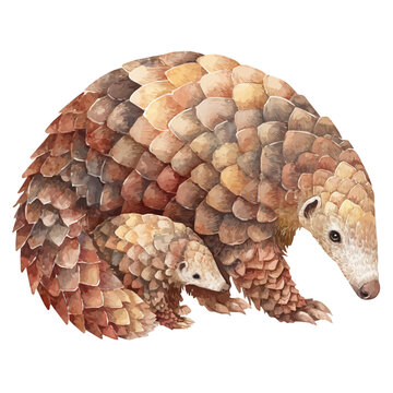 Pangolin With Its Baby in watercolor painting style, vector illustration on white background.