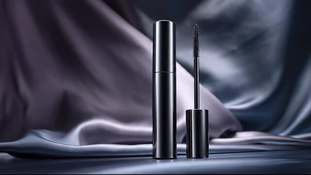 Black mascara tube with its applicator brush standing on a reflective surface, set against luxurious draped silk fabric, showcasing a high-end beauty product concept