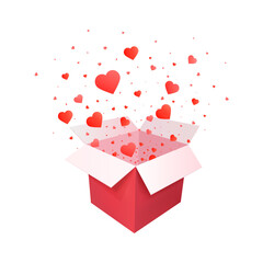 Open gift box with floating hearts isolated on transparent background