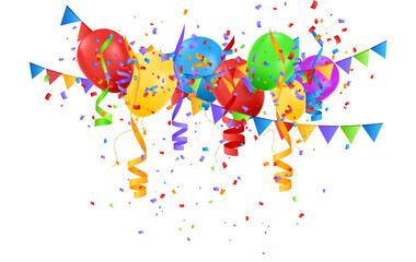 Colorful party balloons with confetti and garlands isolated