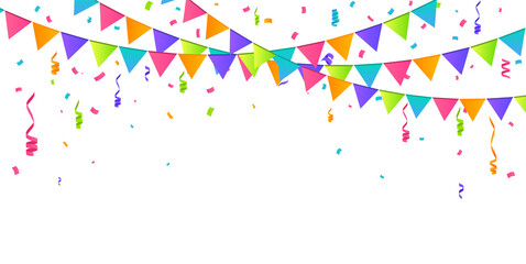 Colorful party bunting flags with confetti and streamers