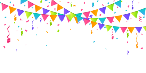 Colorful party bunting flags with confetti and streamers