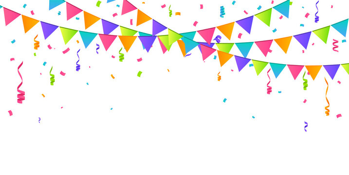 Colorful party bunting flags with confetti and streamers