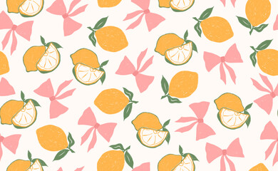 Whimsical hand drawn italian lemon seamless pattern with pink bow. Green, yellow summer print. Italy citrus floral sketch. Fruit background for wedding, packaging, wrapping paper. Trendy vector illust
