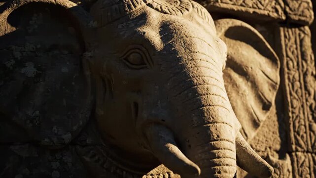 Dramatic shifting shadows and bright highlights move slowly across a detailed bas relief carving of an elephant head creating an evocative atmosphere historicart, elephant, highlights