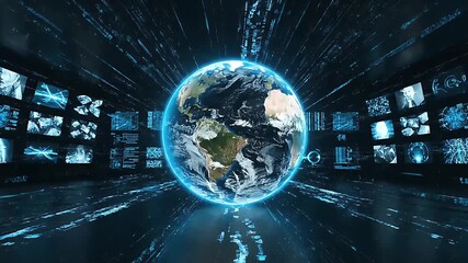 Global communication network surrounding a glowing Earth planet symbolizing worldwide connectivity digitalization and future technology - Powered by Adobe