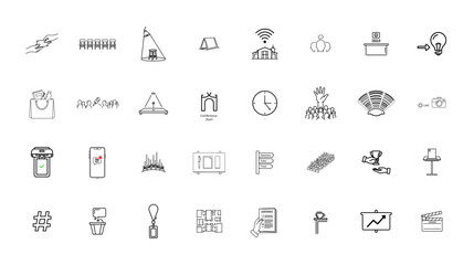 A large collection of hand drawn doodle icons for business technology and lifestyle concepts
