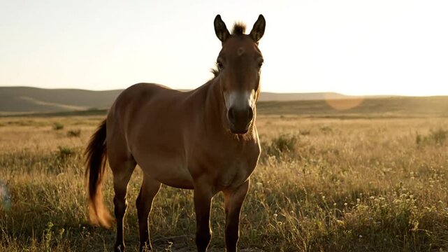 Graceful Przewalski's Horse Staring Directly at the Camera in a Golden Field at Sunset